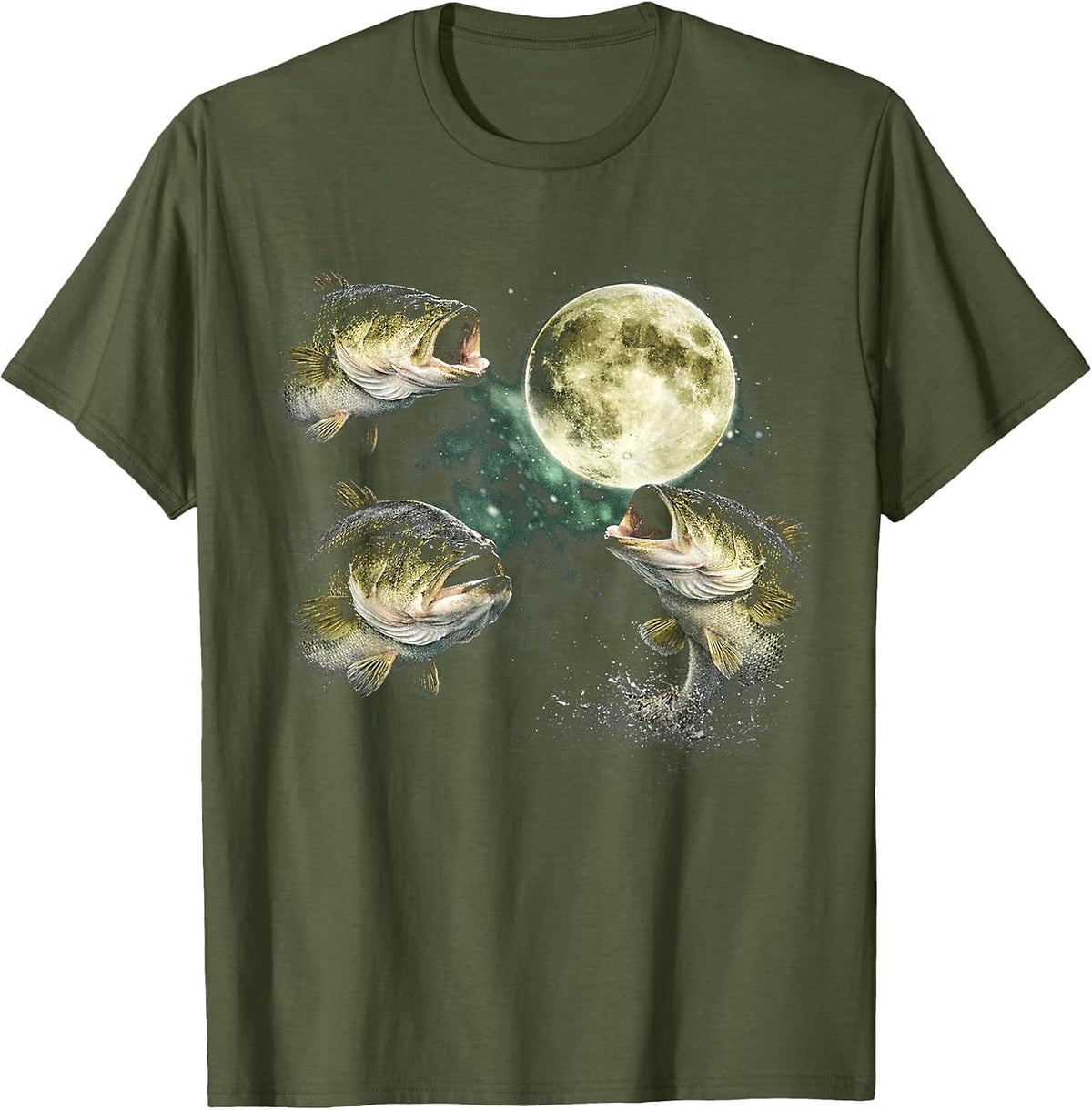 Bass Fish Howling At The Moon Vintage Angler Fisherman Tees T-Shirts for Men Women - Olive Green