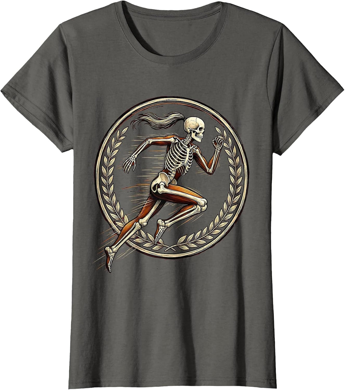 Women's Skeleton Runner Ponytail Flying Graphic Tee T-Shirt - Asphalt Grey