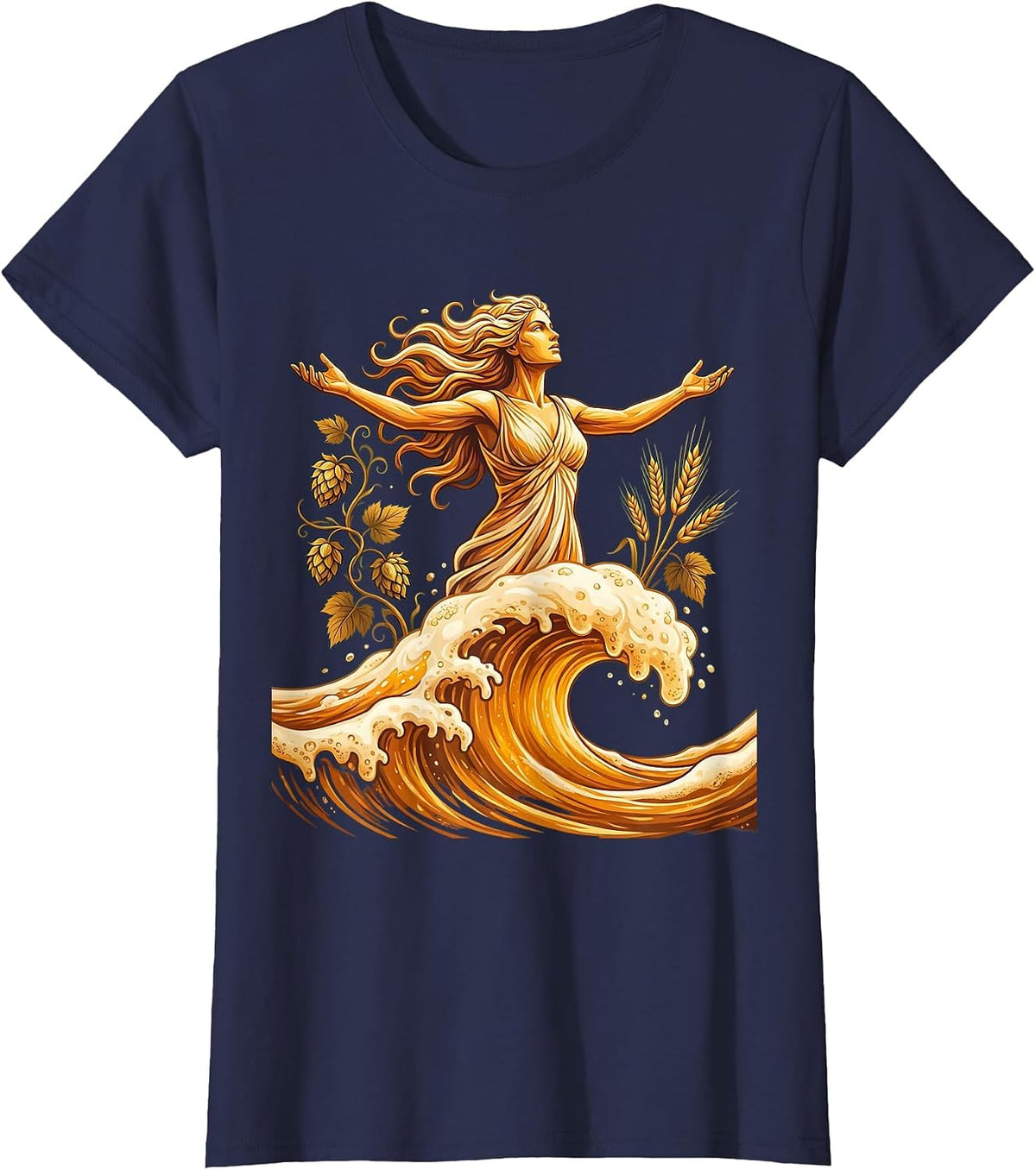 Women's Goddess Rising Beer Wave Graphic Tee T-Shirt - Navy Blue