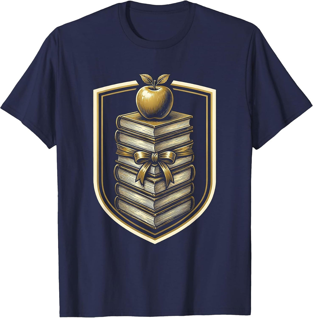 Middle School Teacher Stacked Books Apple Graphic T-Shirt - Navy Blue