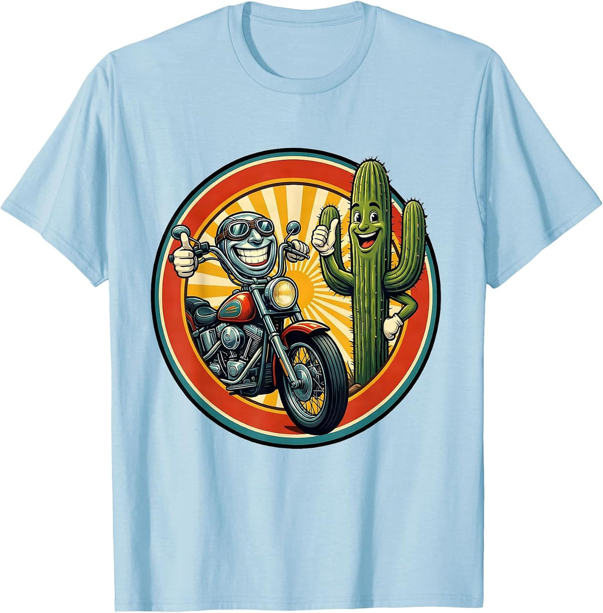 Men's Route 66 Retro Motorcycle Saguaro Cactus Design T-Shirt - Baby Blue