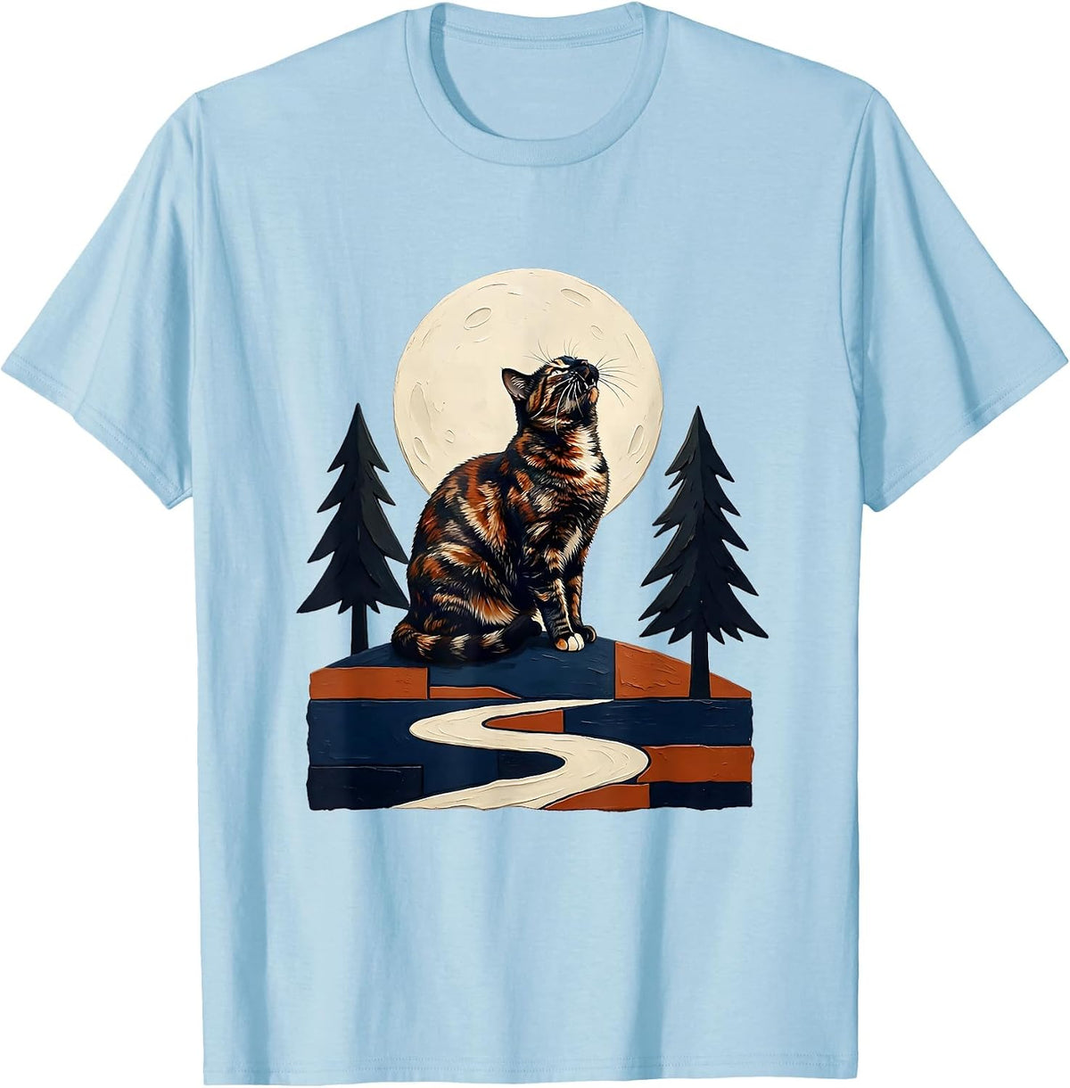 Men's Tortoiseshell Cat Howling at Moon Storybook Fantasy T-Shirt - Baby Blue