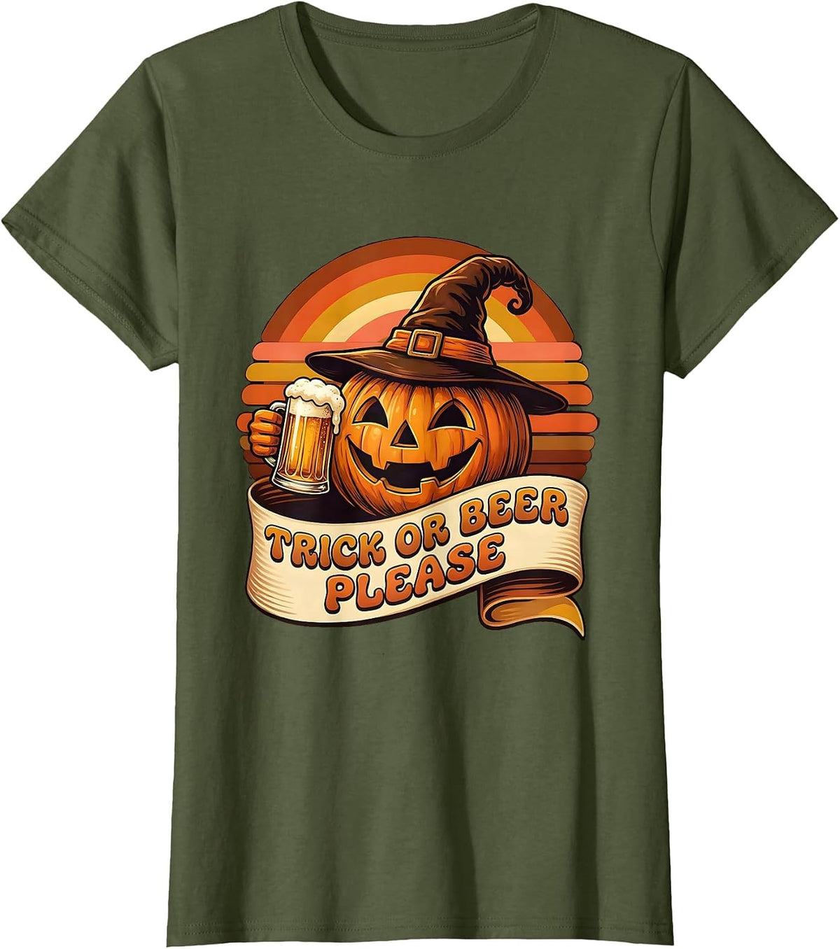 Women's Trick or Beer Please Halloween Funny Design T-Shirt - Olive Green