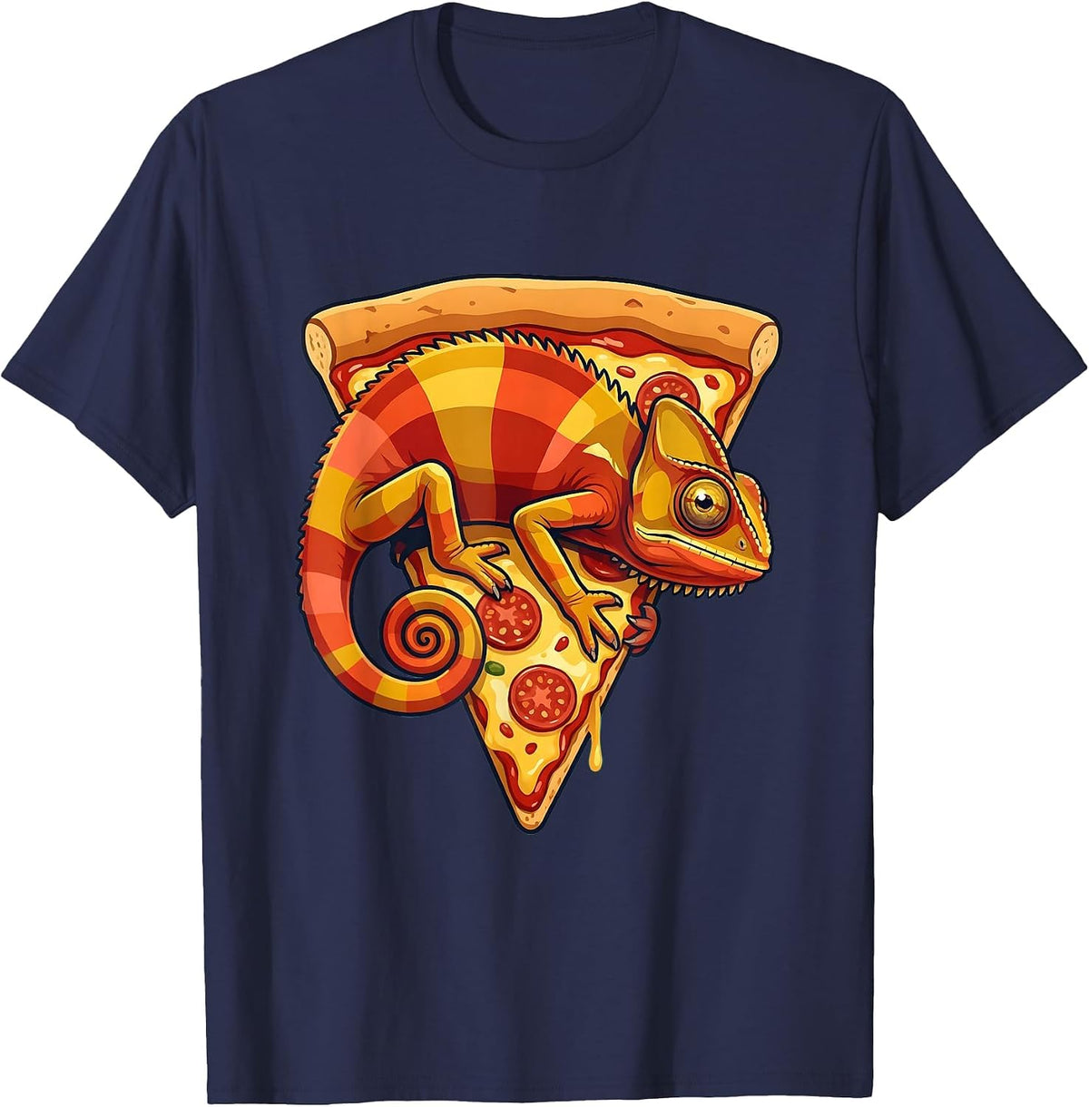 Chameleon Pizza Slice Funny Lizard Meme Graphic T-Shirt - Navy Blue