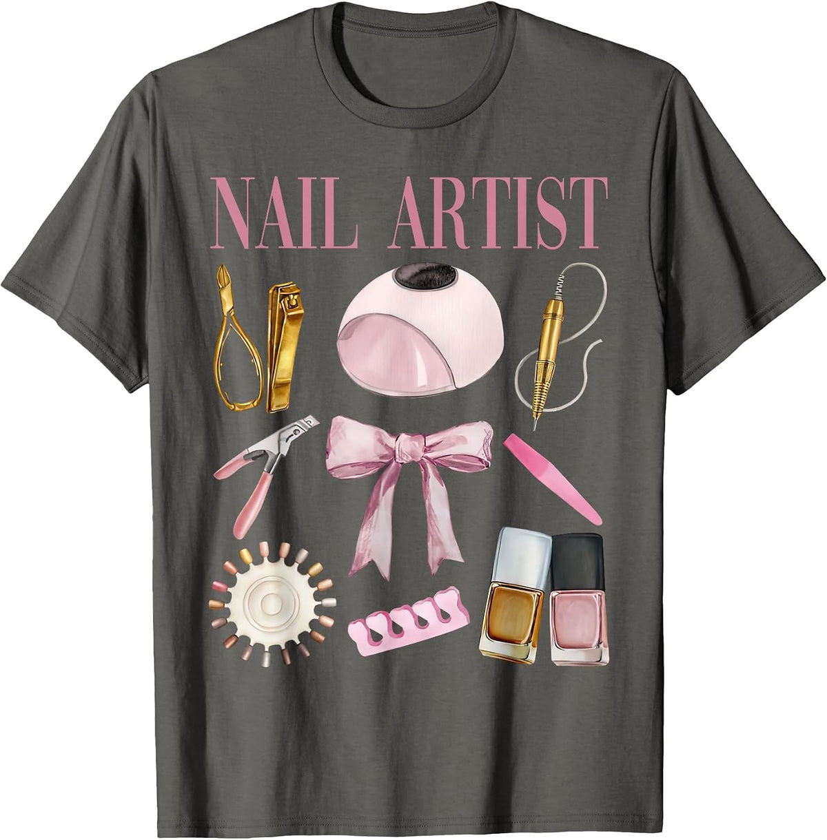 Vintage Coquette Bow Aesthetic Nail Tech Nail Technician T-Shirt - Asphalt Grey