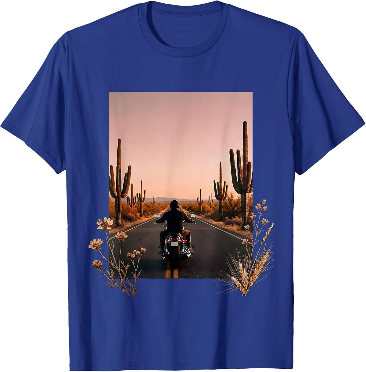 Lone Rider Desert Highway Freedom Motorcycle T-Shirt - Royal Blue