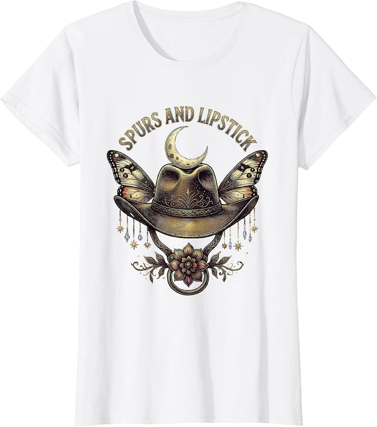 Women's Spurs and Lipstick Cowboy Western Design T-Shirt - White