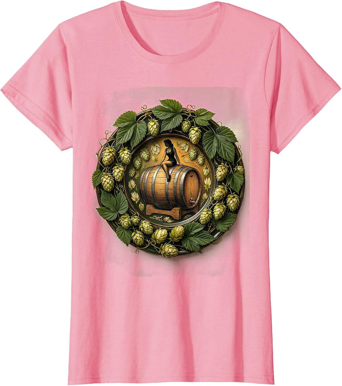 Women's Pin-Up Girl Riding Giant Beer Barrel Graphic T-Shirt - Pink