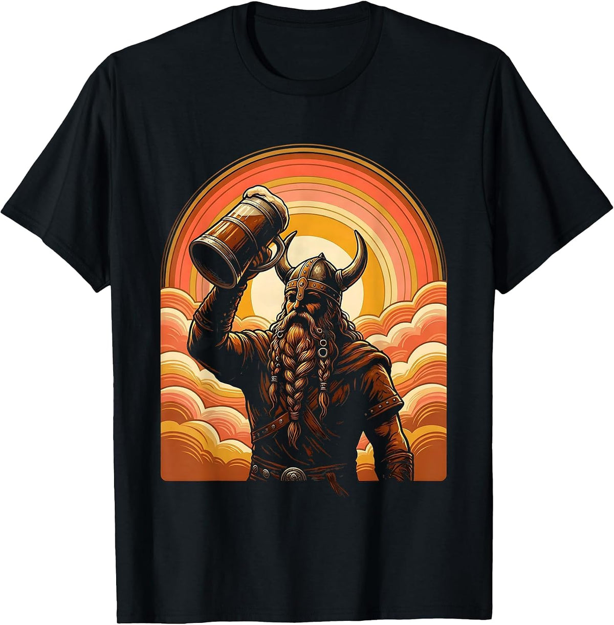 Men's Viking Mead Horn Braided Beard Illustration T-Shirt - Black