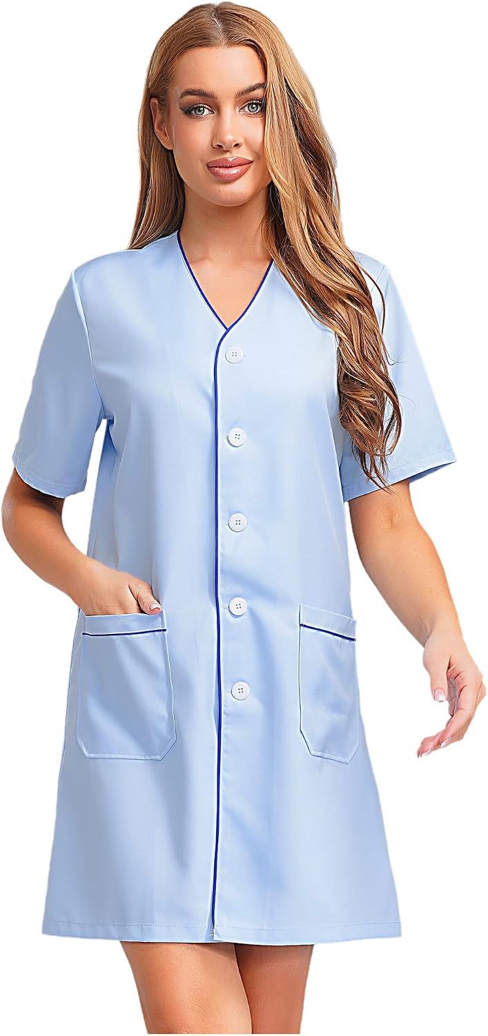 Jhaoyu Women's Salon Uniform Dress V-neck Short Sleeve Work Coat with Pockets for Estheticians Lash Techs - Light Blue