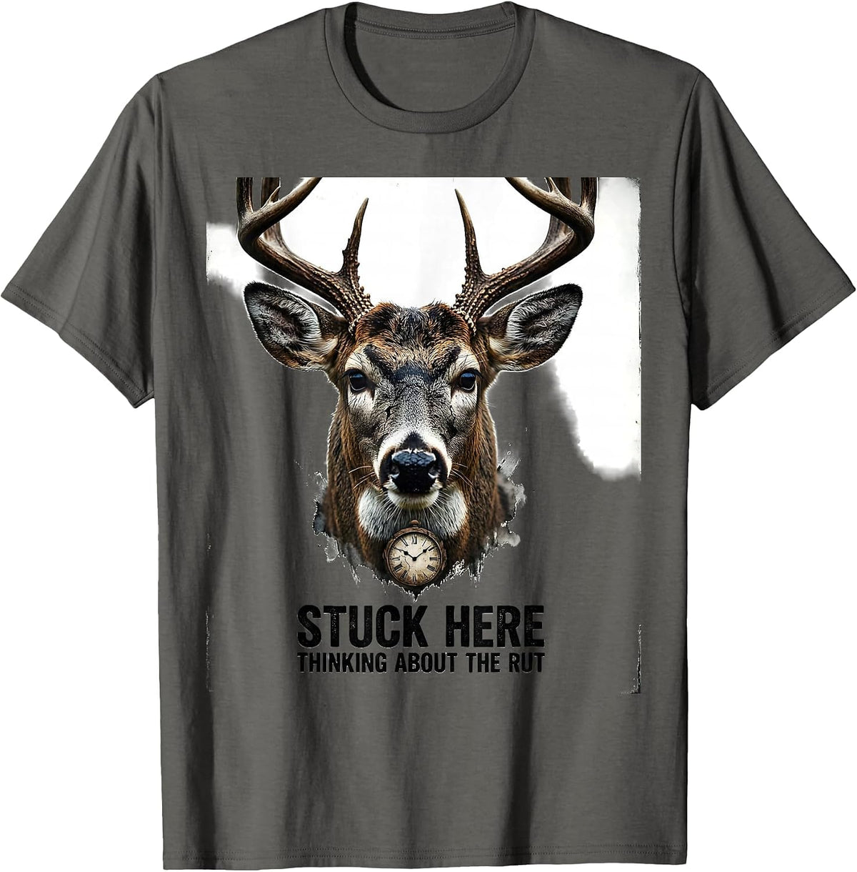 Stuck Here Thinking About The Rut Distressed Deer Hunter Dad T-Shirt - Asphalt Grey