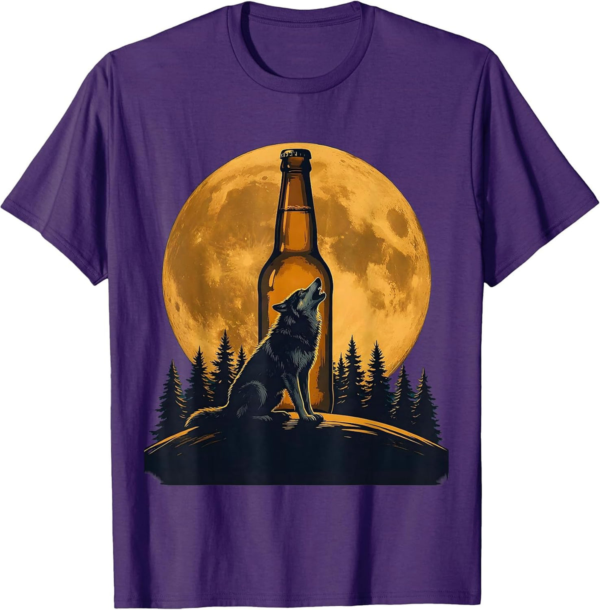 Men's Wolf Howling at Beer Bottle Moon Graphic T-Shirt - Purple