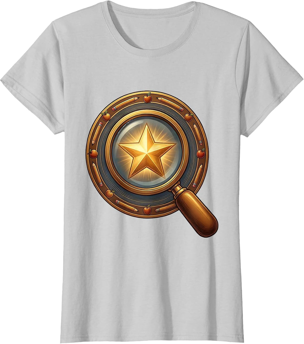 2nd Grade Teacher Magnifying Glass Gold Star T-Shirt - Silver Grey