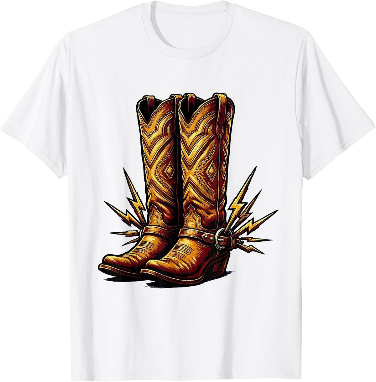 Men's Nashville Cowboy Boots Lightning Bolt Spurs Design T-Shirt - White