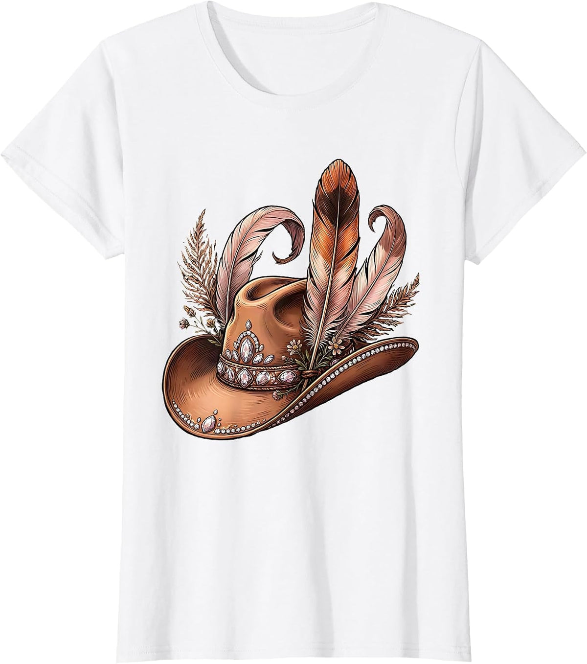 Women's Rhinestone Cowboy Hat with Feathers Graphic T-Shirt - White