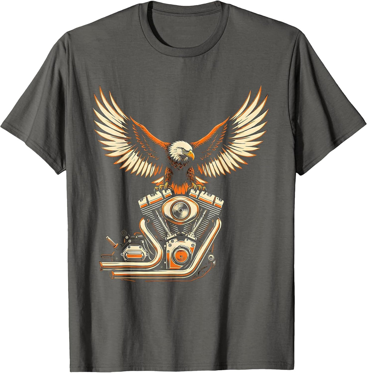 Eagle Wings Chrome Engine Motorcycle Graphic T-Shirt - Asphalt Grey