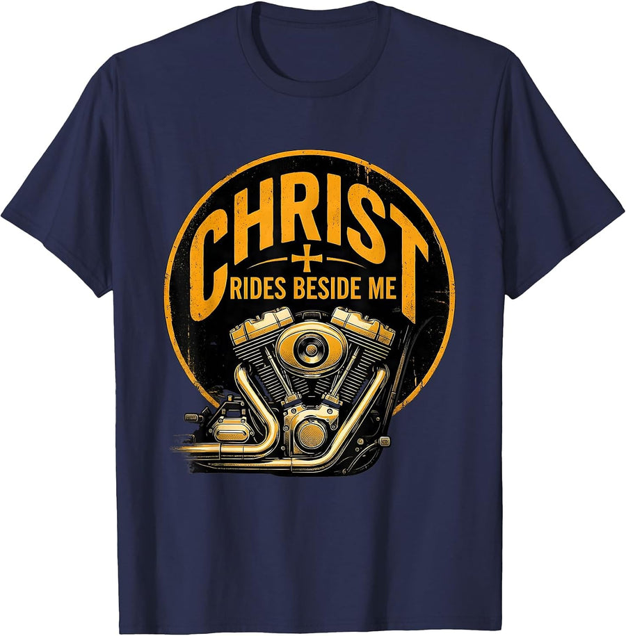 Christ Rides Beside Me Faith Biker Motorcycle Rider T-Shirt - Navy Blue
