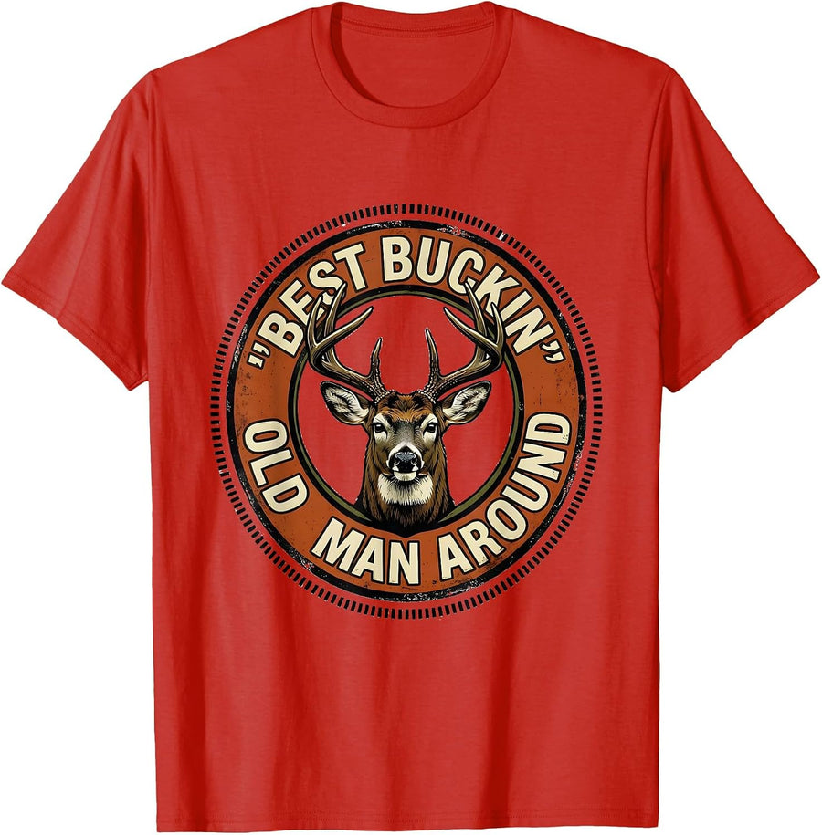 Men's Best Buckin' Old Man Around Vintage Deer Hunting Gift T-Shirt - Red