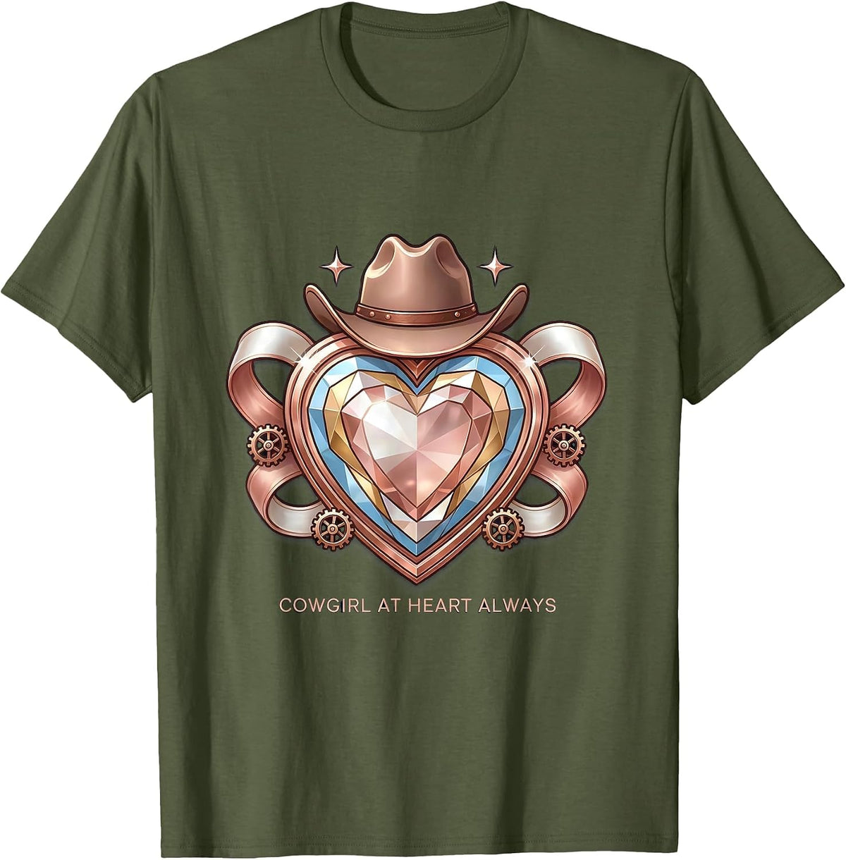 Cowgirl At Heart Always Western Design T-Shirt - Olive Green
