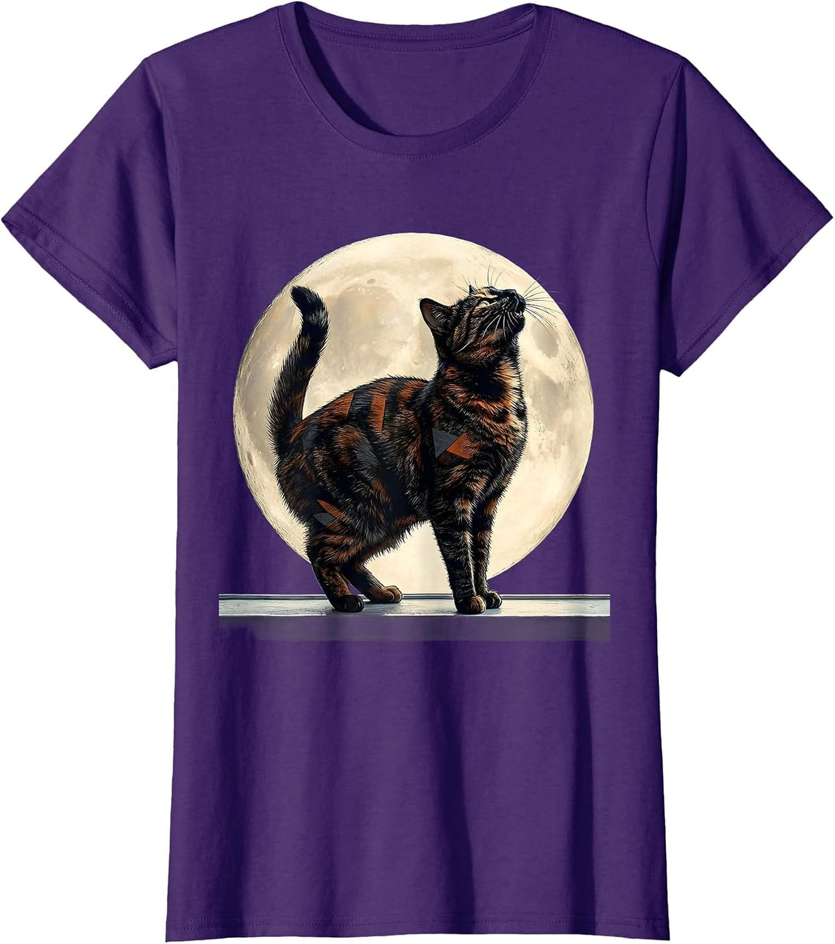 Women's Tortoiseshell Cat Howling at Moon 90's Retro Novelty T-Shirt - Purple