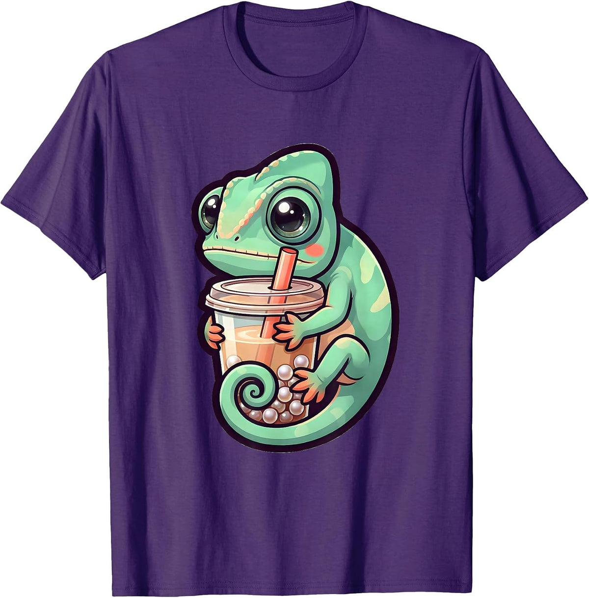Chibi Chameleon Kawaii Boba Tea Anime Girl T-Shirt - Purple
