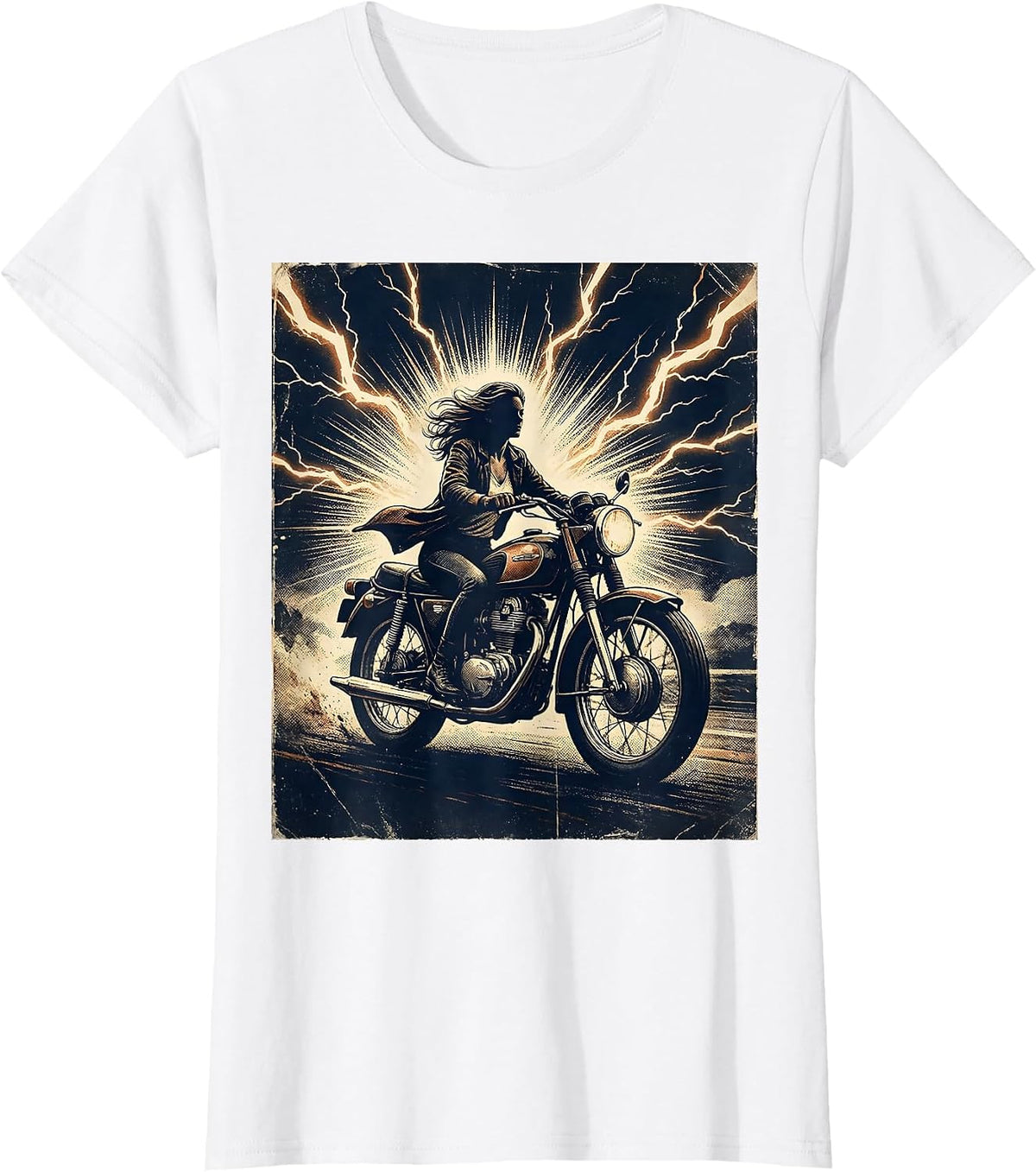 Woman Rider Storm Lightning Motorcycle Graphic T-Shirt - White