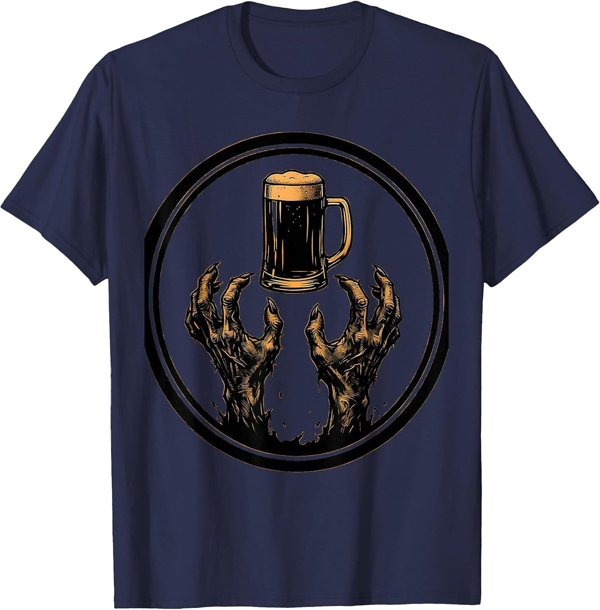 Zombie Hands Reaching for a Cold Beer Graphic T-Shirt - Navy Blue