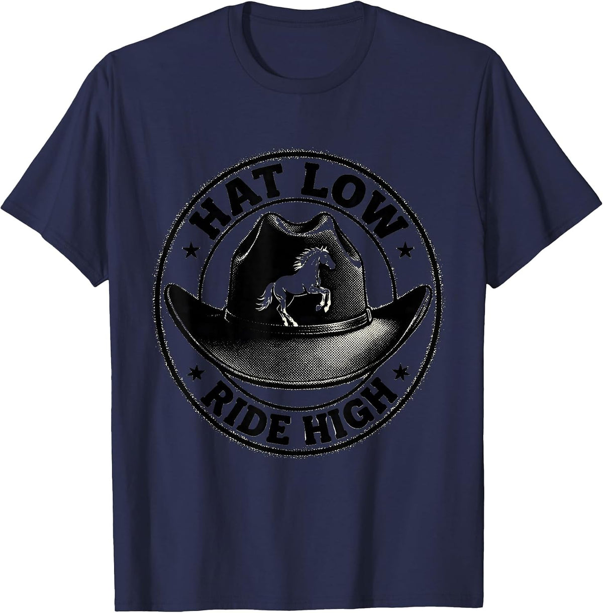 Men's Hat Low Ride High Cowboy Western Design T-Shirt - Navy Blue