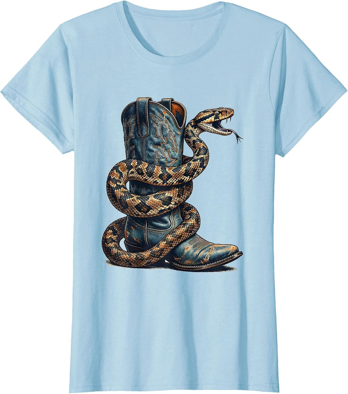 Women's Denim Cowgirl Snake Coiled Cowboy Boot Graphic T-Shirt - Baby Blue
