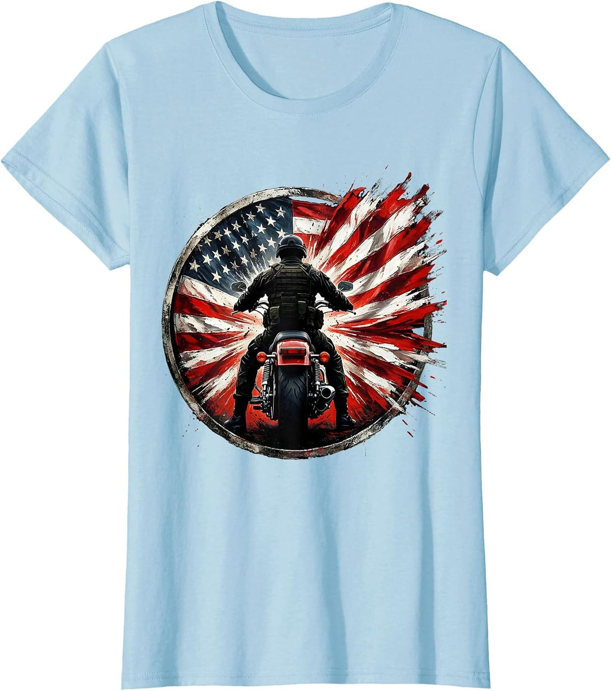 American Flag Motorcycle Rider Patriotic Graphic T-Shirt - Baby Blue