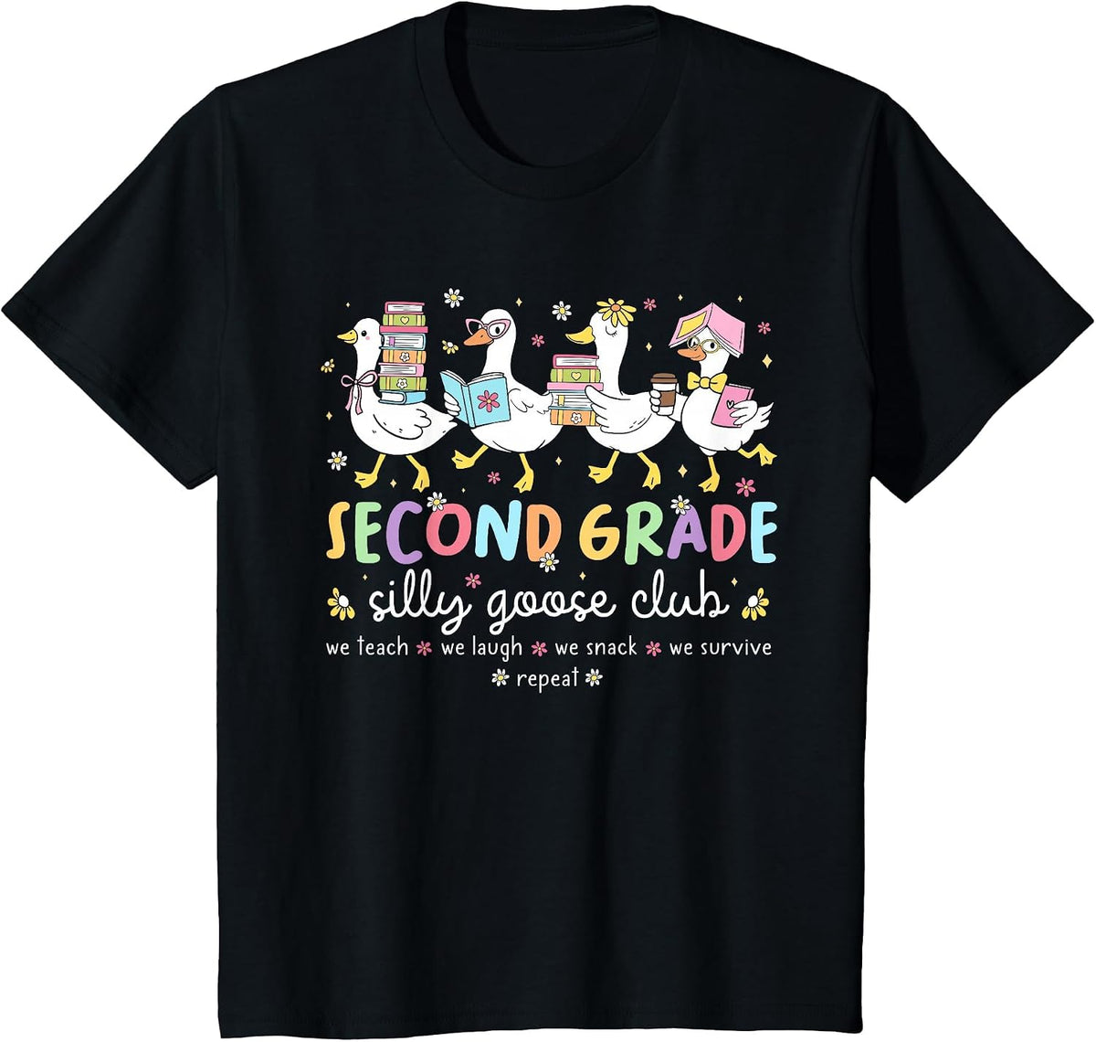 Second Grade Goose Silly Teacher Funny Goose Back to School T-Shirt - Black