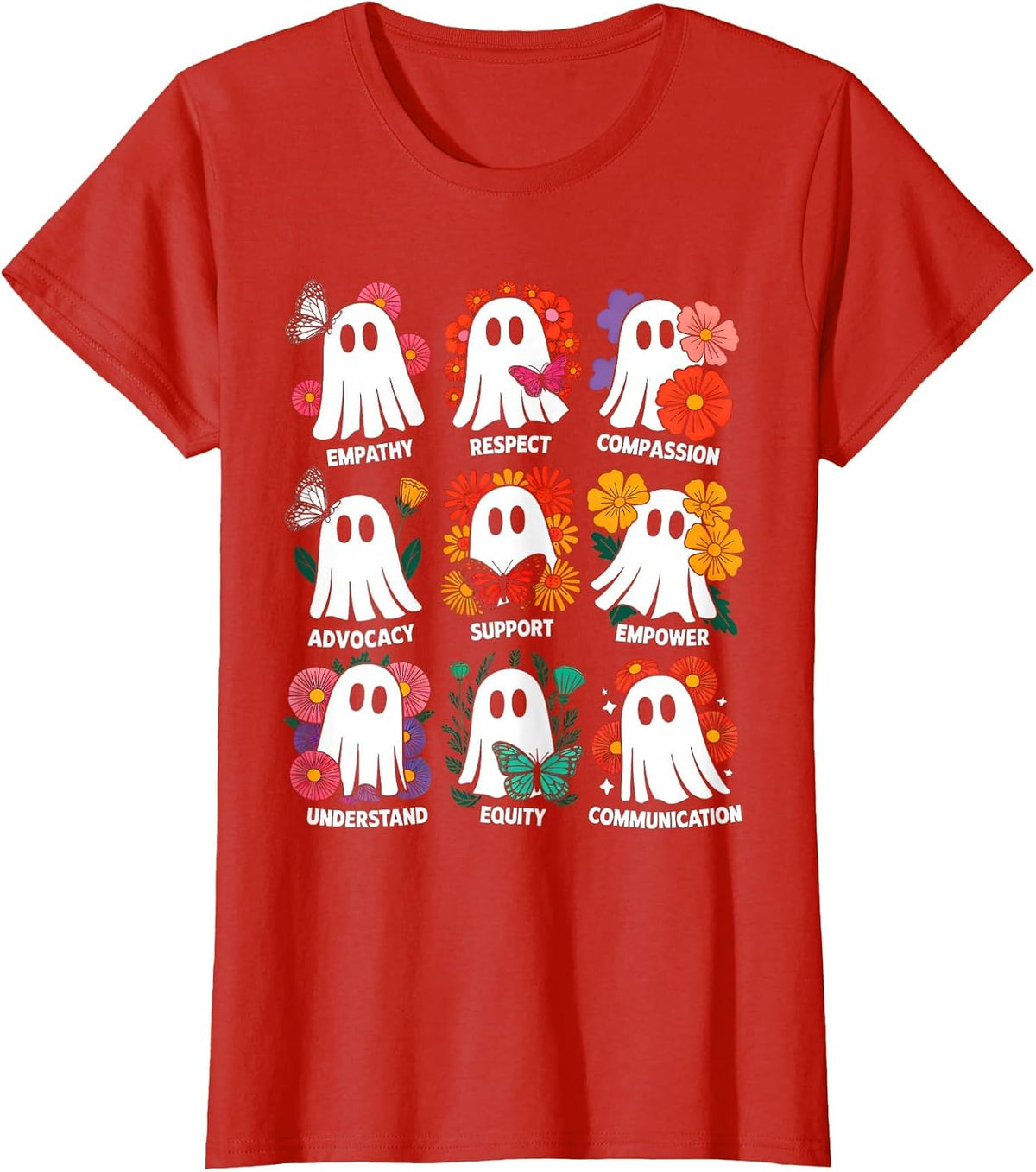 Cute Ghost Floral Social Worker Halloween Retro Social Work T-Shirt - Red
