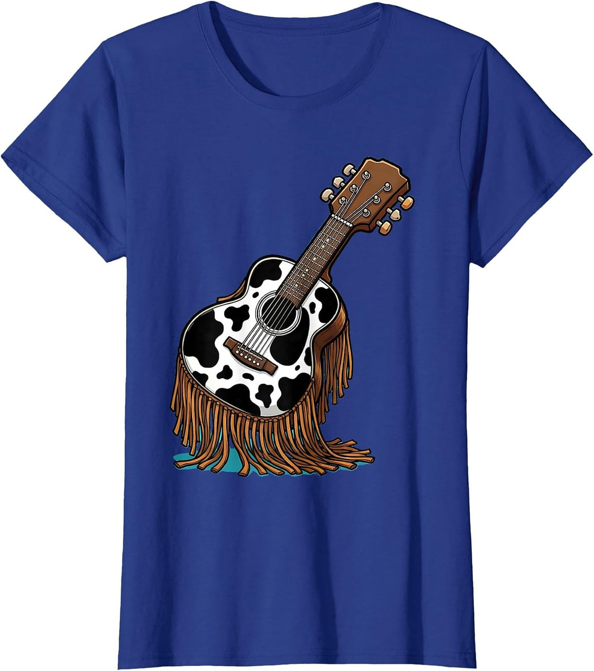Women's Cow Print Guitar With Western Fringe Illustration T-Shirt - Royal Blue