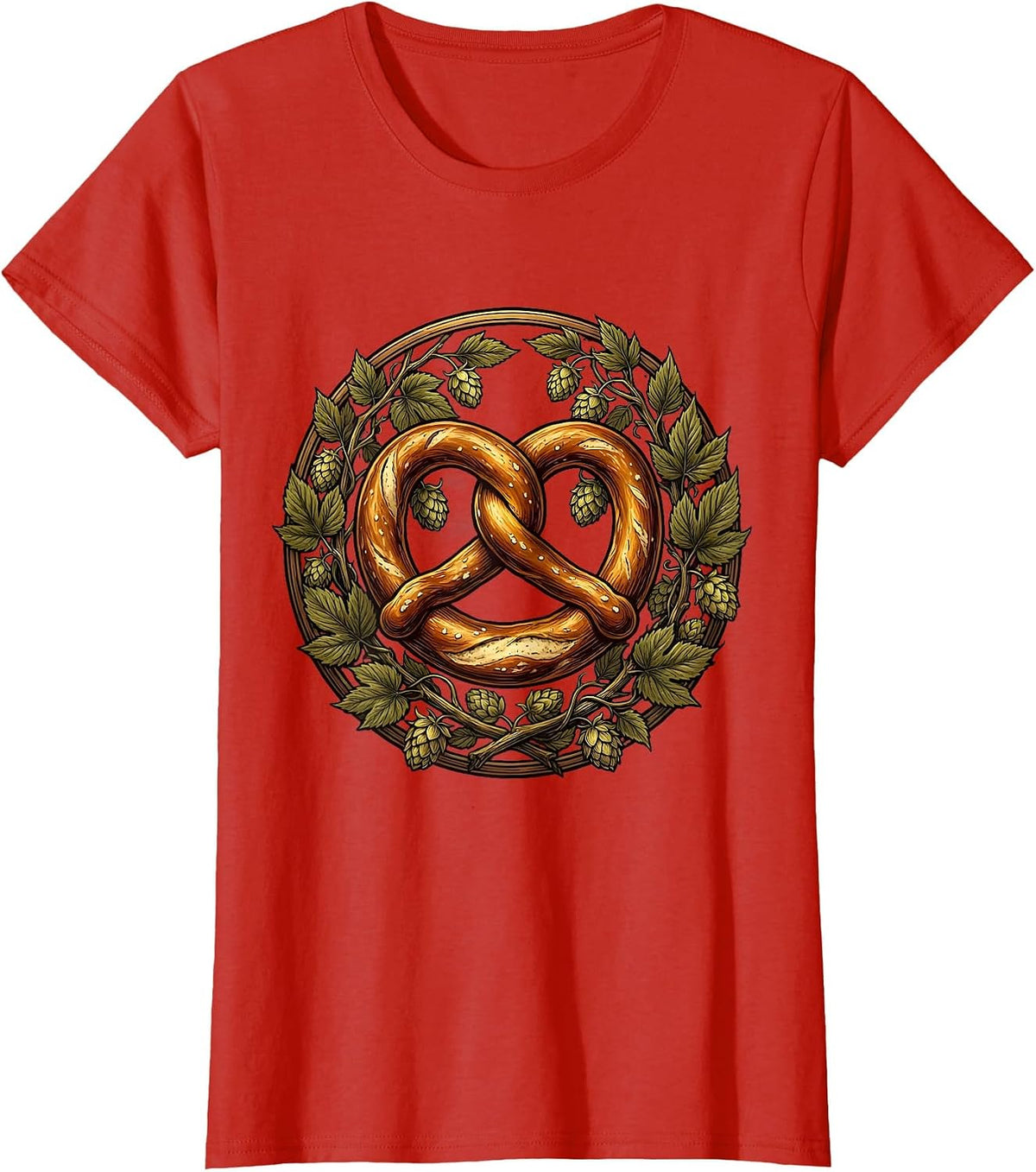 Women's Oktoberfest Pretzel and Hop Branches Illustration T-Shirt - Red