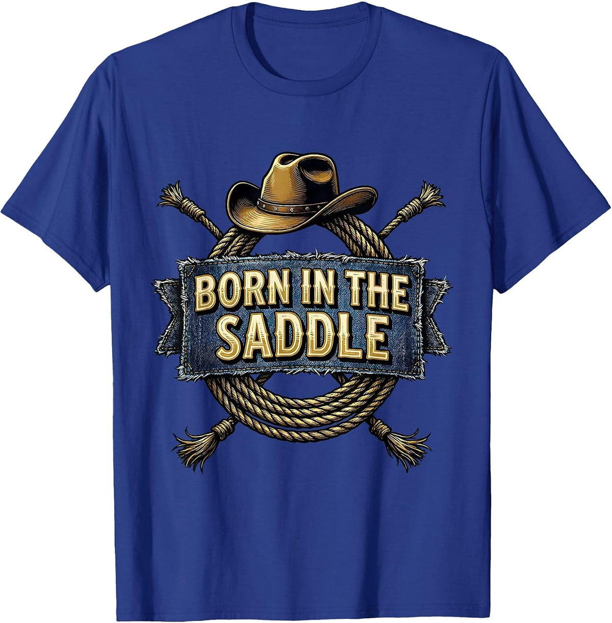 Born in the Saddle Denim Cowgirl Design T-Shirt - Royal Blue