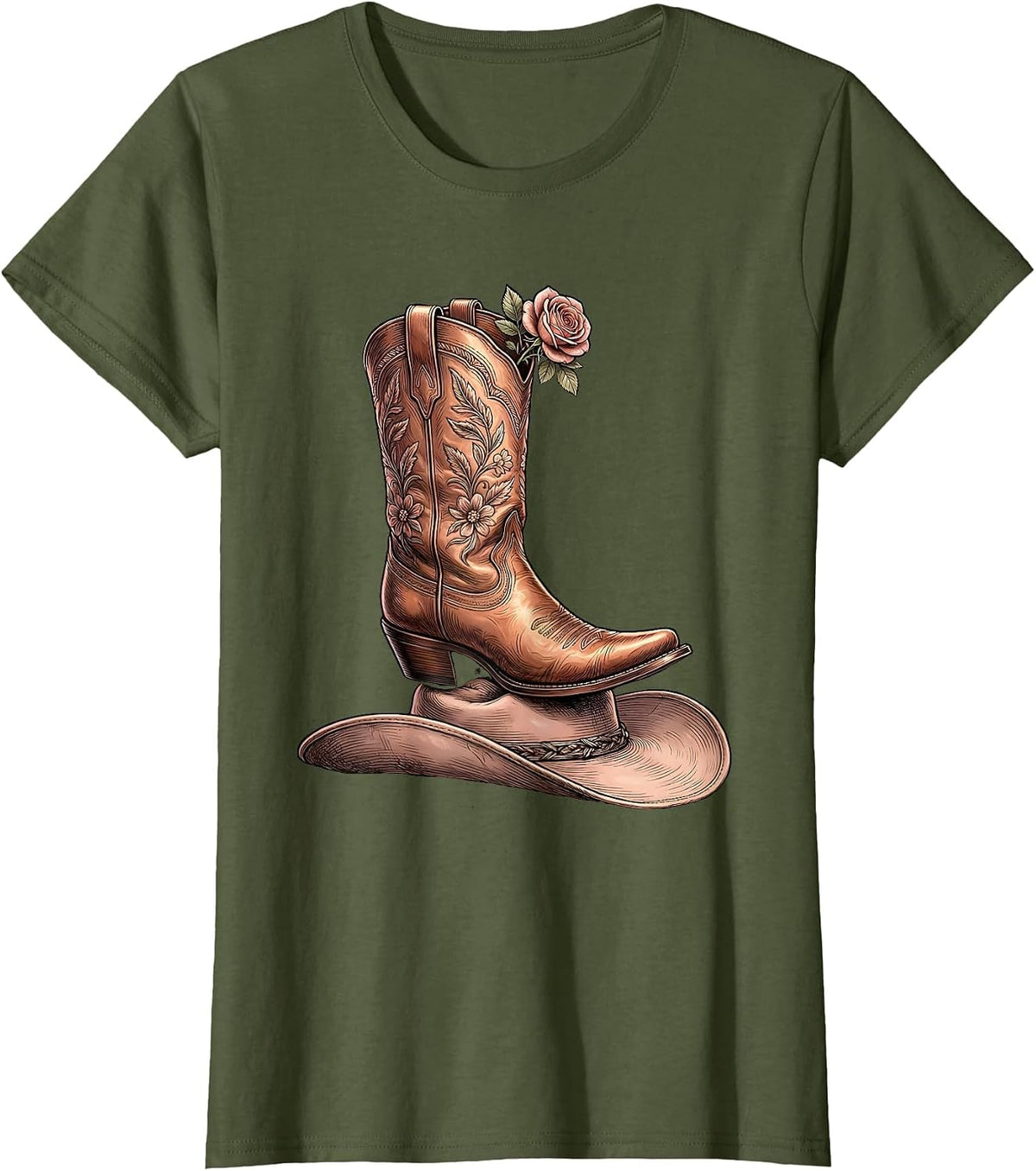 Women's Cowgirl Boots on Cowboy Hat Bold Western Design T-Shirt - Olive Green