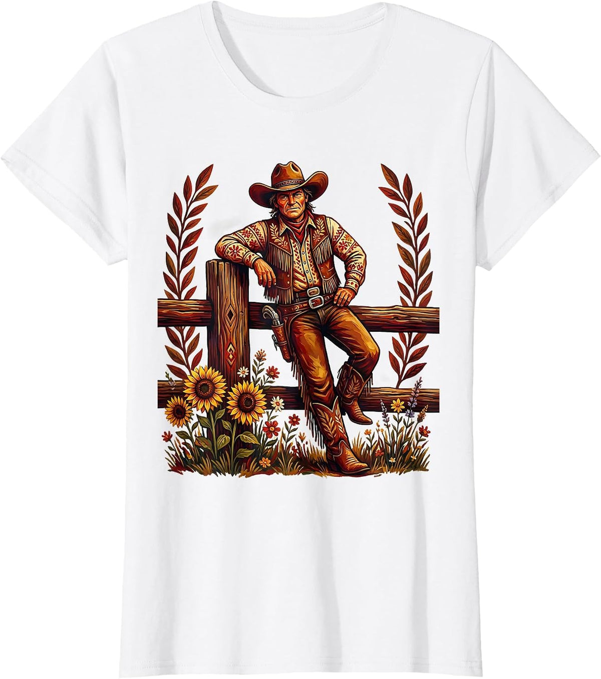 Women's Cowgirl Leaning on Fence Post Illustration T-Shirt - White