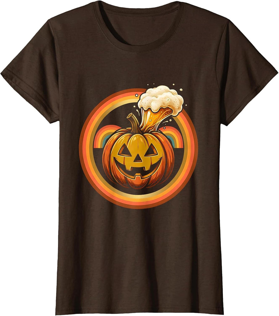 Women's Happy Hour Halloween Jack-O-Lantern Beer Design T-Shirt - Brown