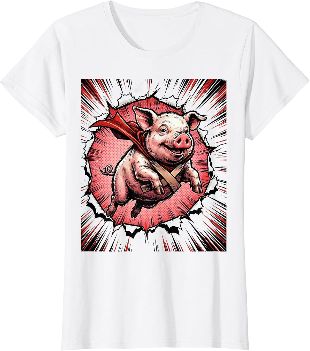 Women's Cheerful Pig Comic Book Animal Lover Novelty Humor T-Shirt - White