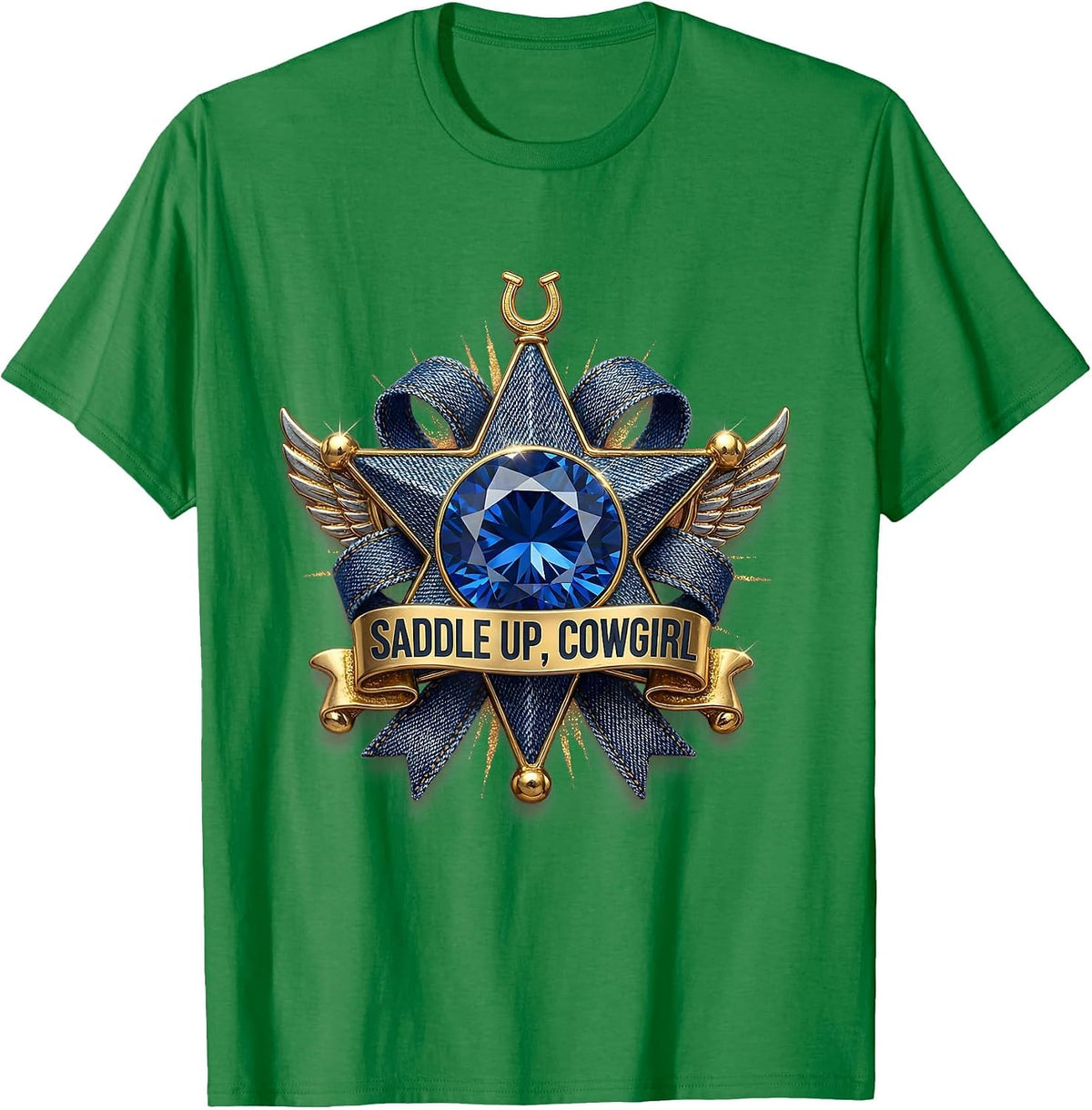 Men's Saddle Up Cowgirl Denim Western Design T-Shirt - Kelly Green