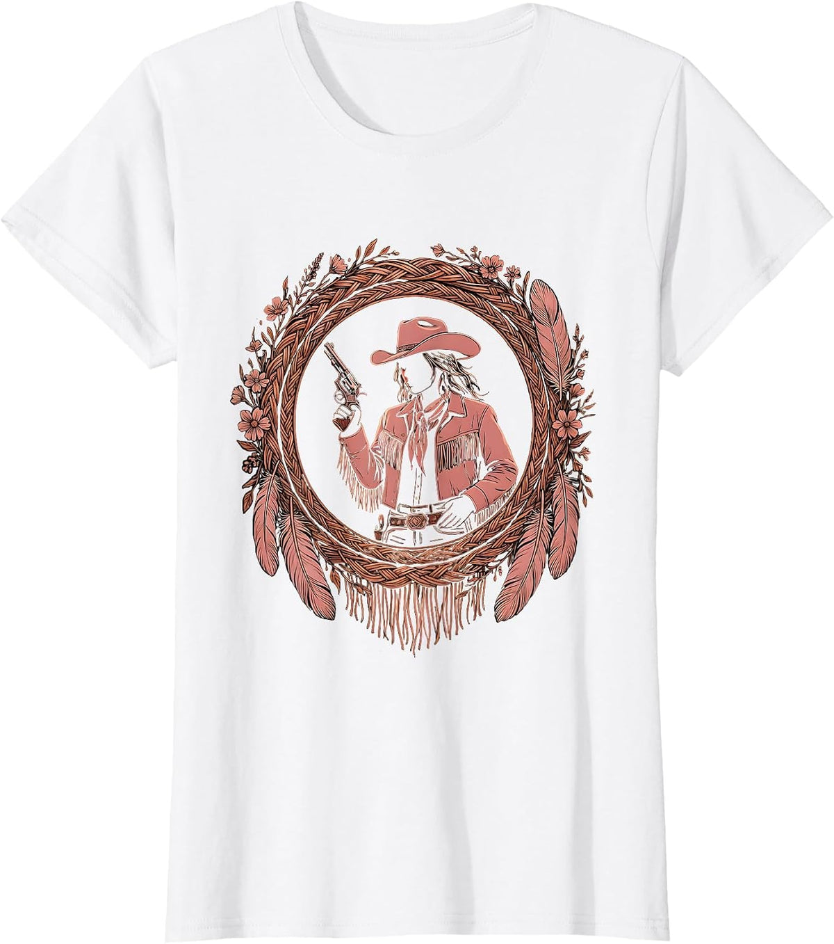 Women's Cowgirl Fringe Jacket Pistol Draw Western Art T-Shirt - White