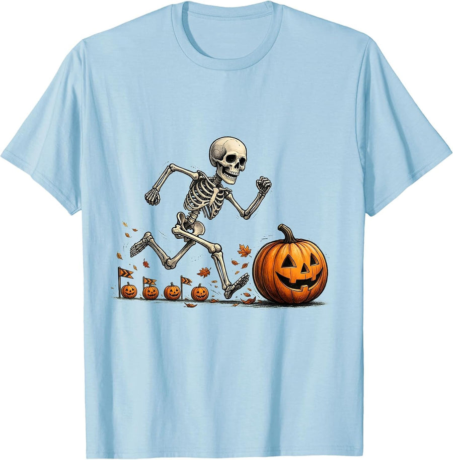 Men's Cheerful Skeleton Runner Halloween 5K Race Fun T-Shirt - Baby Blue