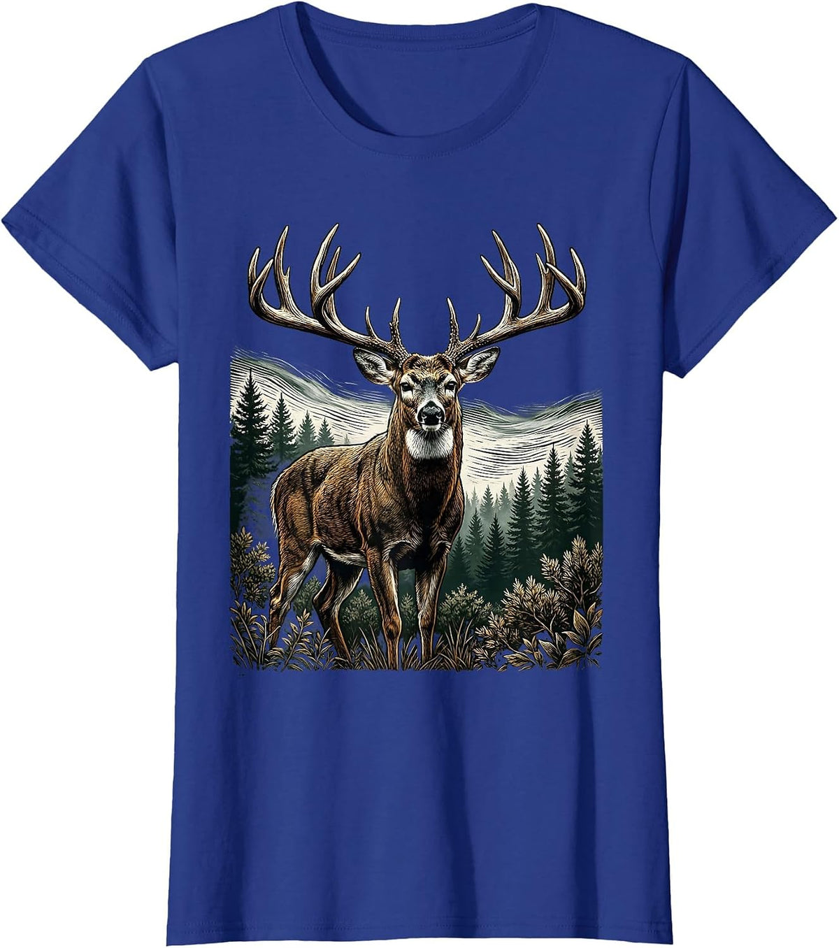 Women's Whitetail Buck Misty Woods Camo Deer Illustration T-Shirt - Royal Blue