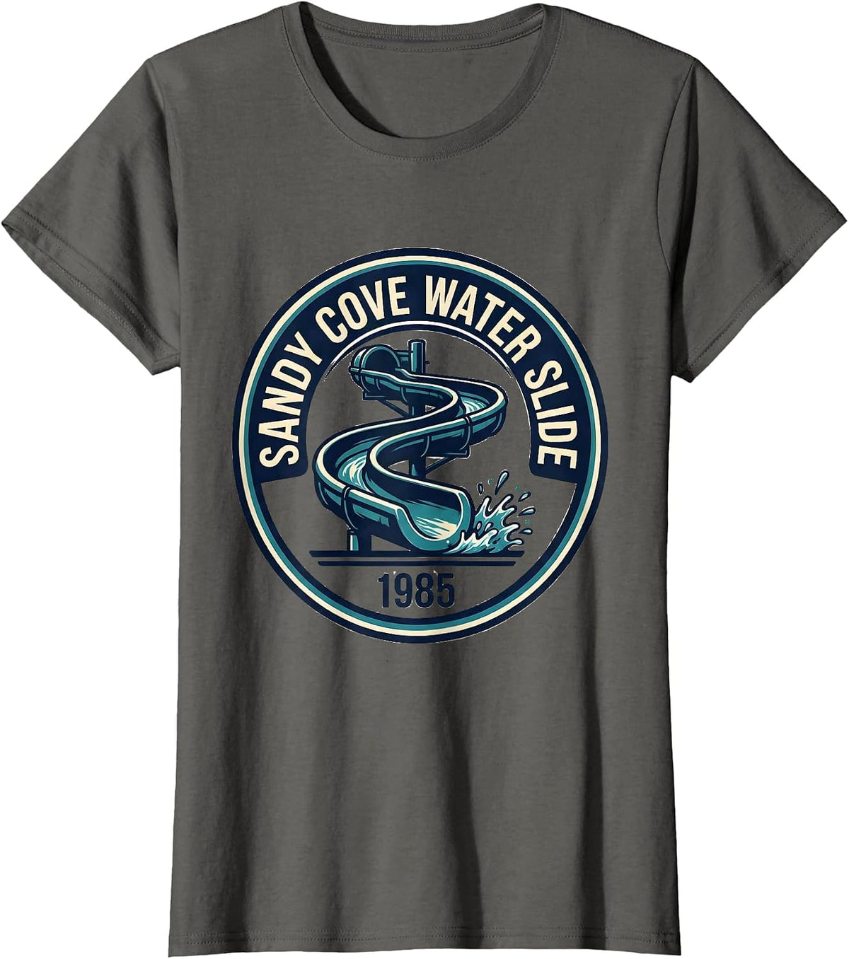 Women's Sandy Cove Water Slide 1985 Retro Vintage Band-Name Pop T-Shirt - Asphalt Grey