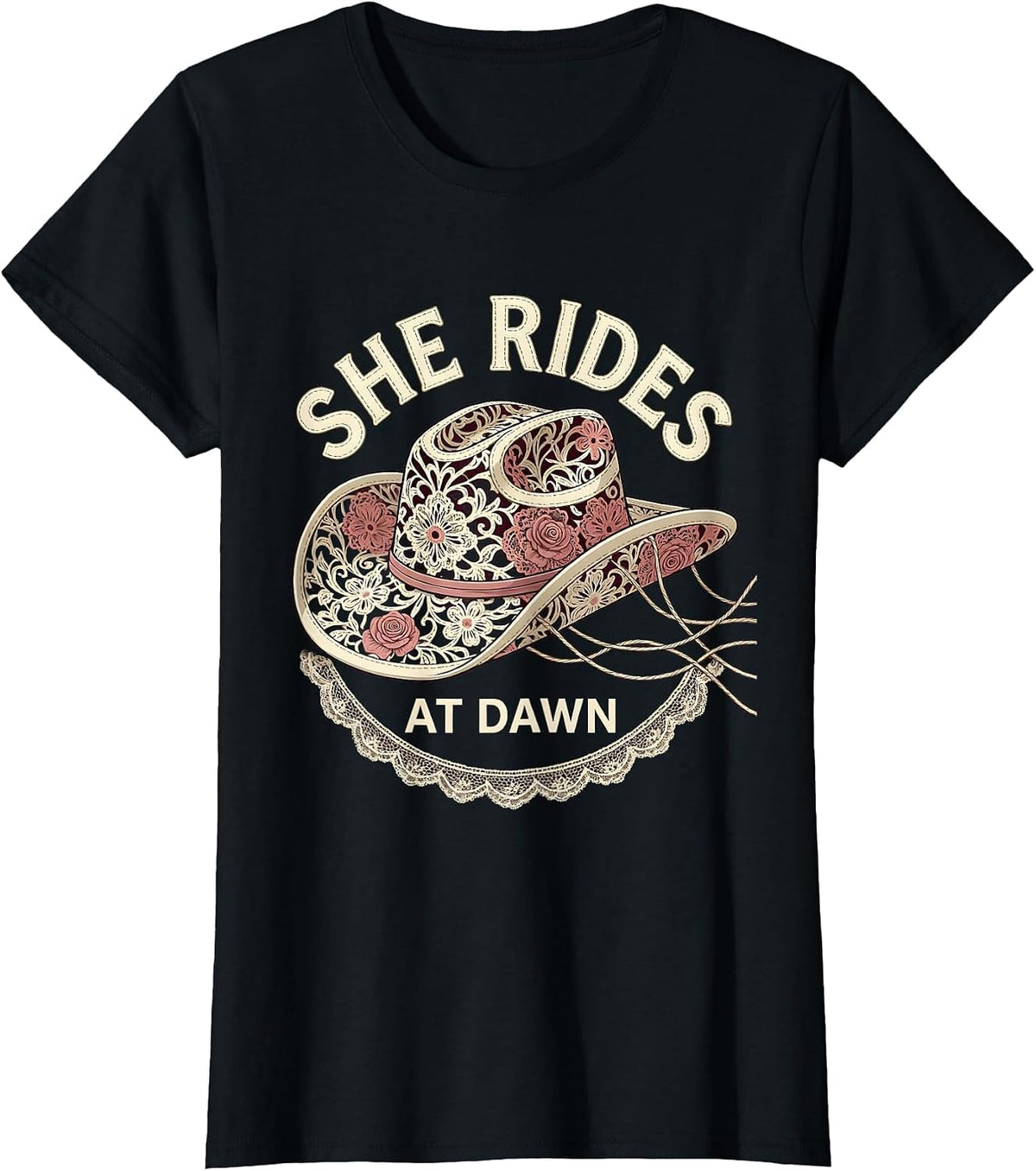 She Rides At Dawn Cowboy Western Design T-Shirt - Black