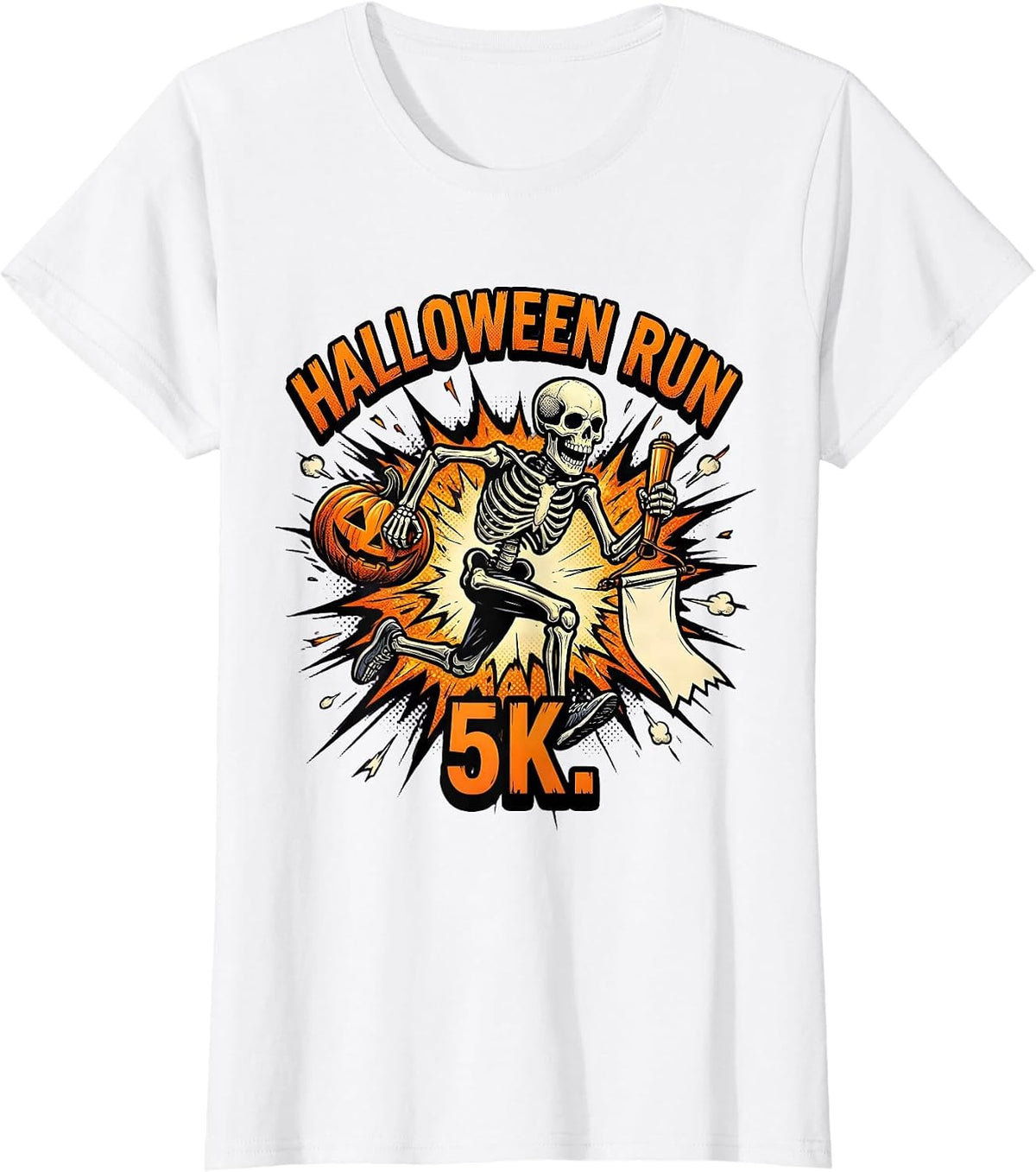 Halloween Run 5K Comic Book Skeleton Runner Funny Matching T-Shirt - White