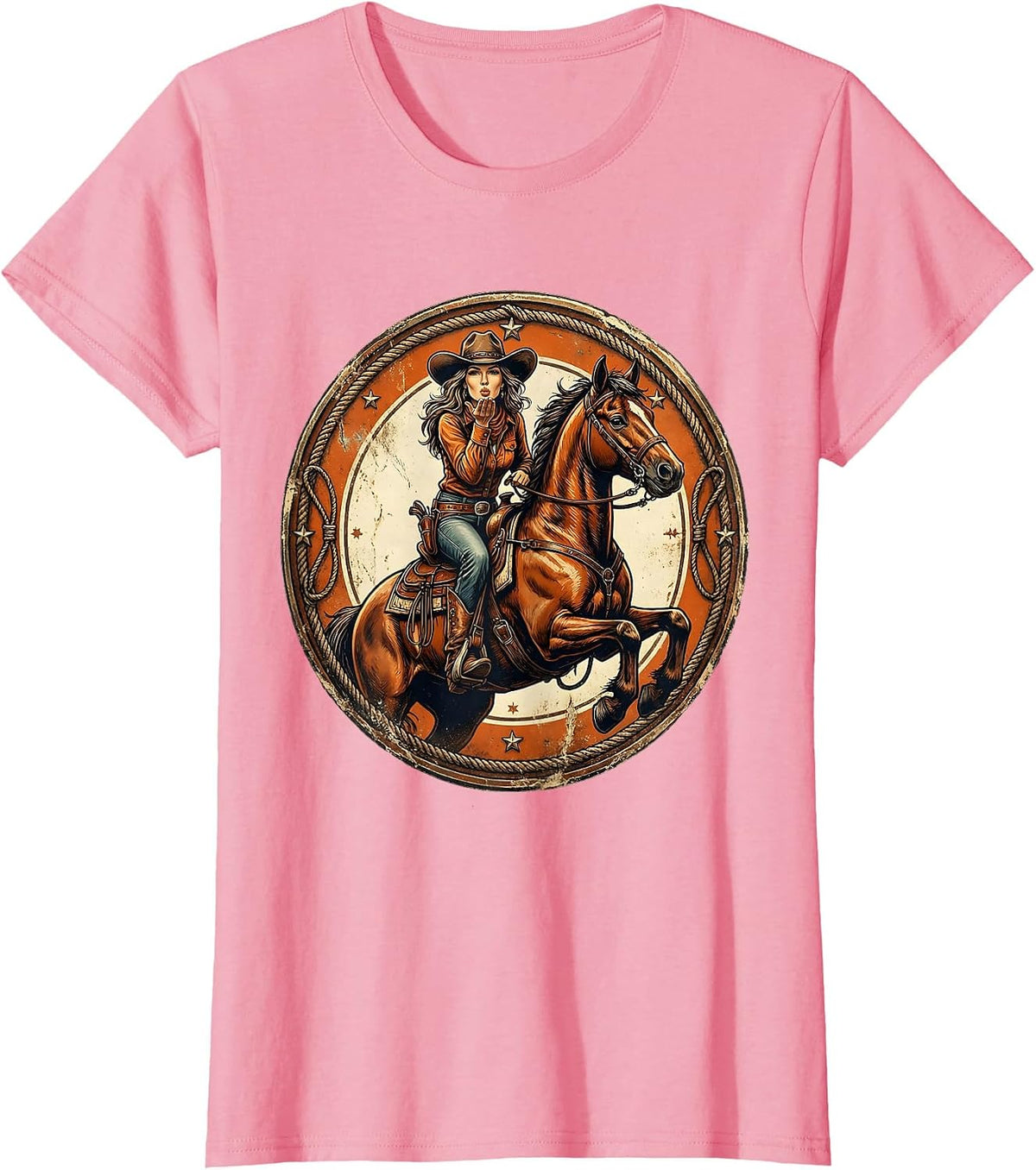 Women's Sassy Cowgirl Blowing Kiss From Horseback T-Shirt - Pink