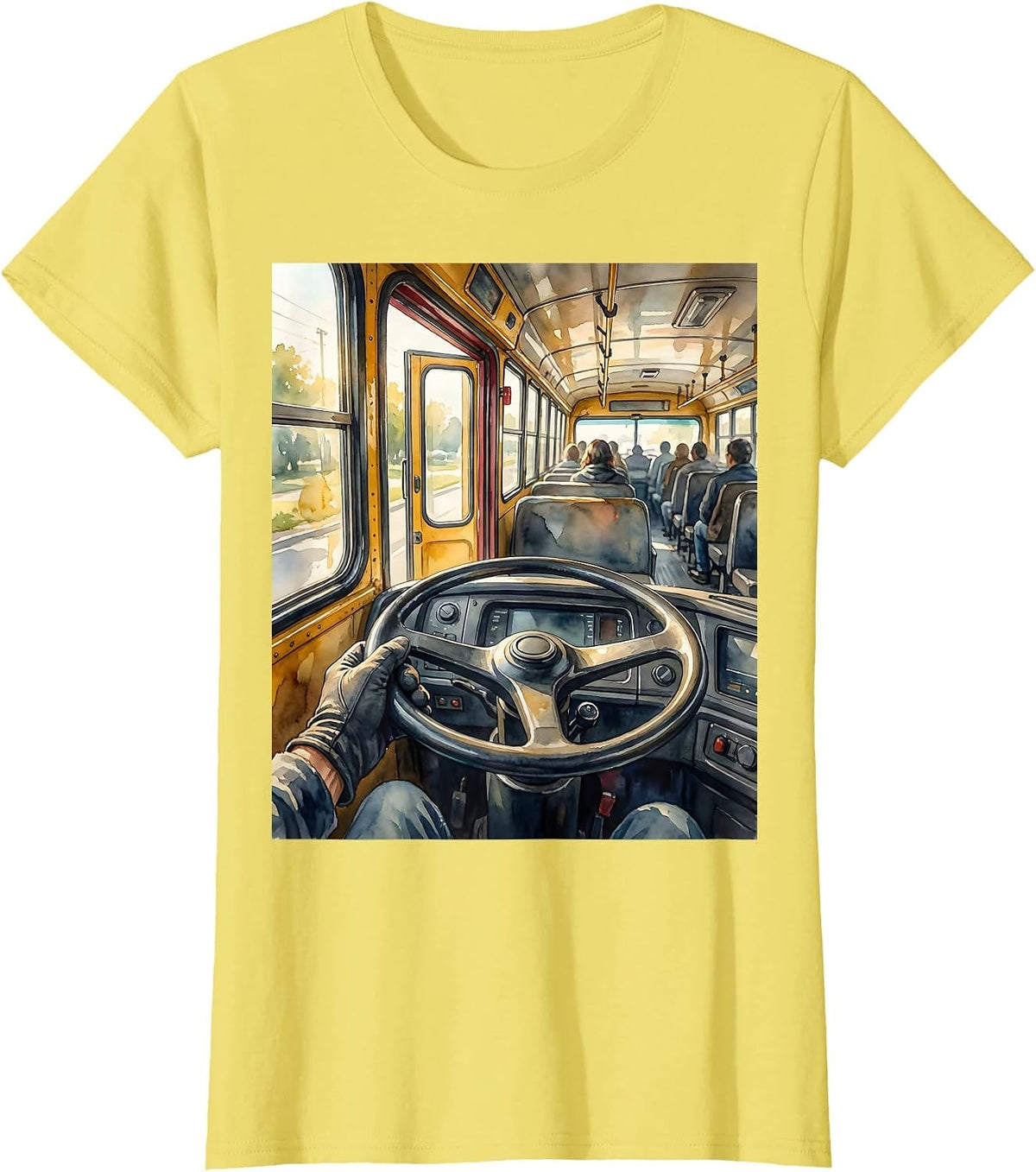 School Bus Interior Driver View Watercolor Bus Enthusiast T-Shirt - Lemon Yellow