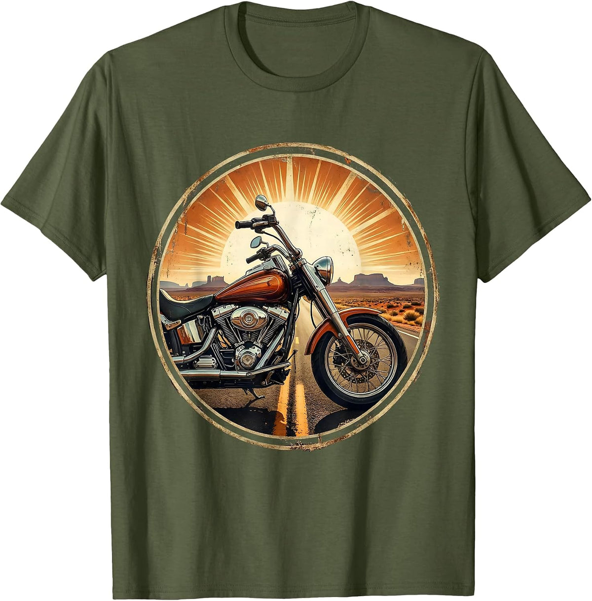 Men's Vintage Chopper Motorcycle Desert Highway Graphic T-Shirt - Olive Green