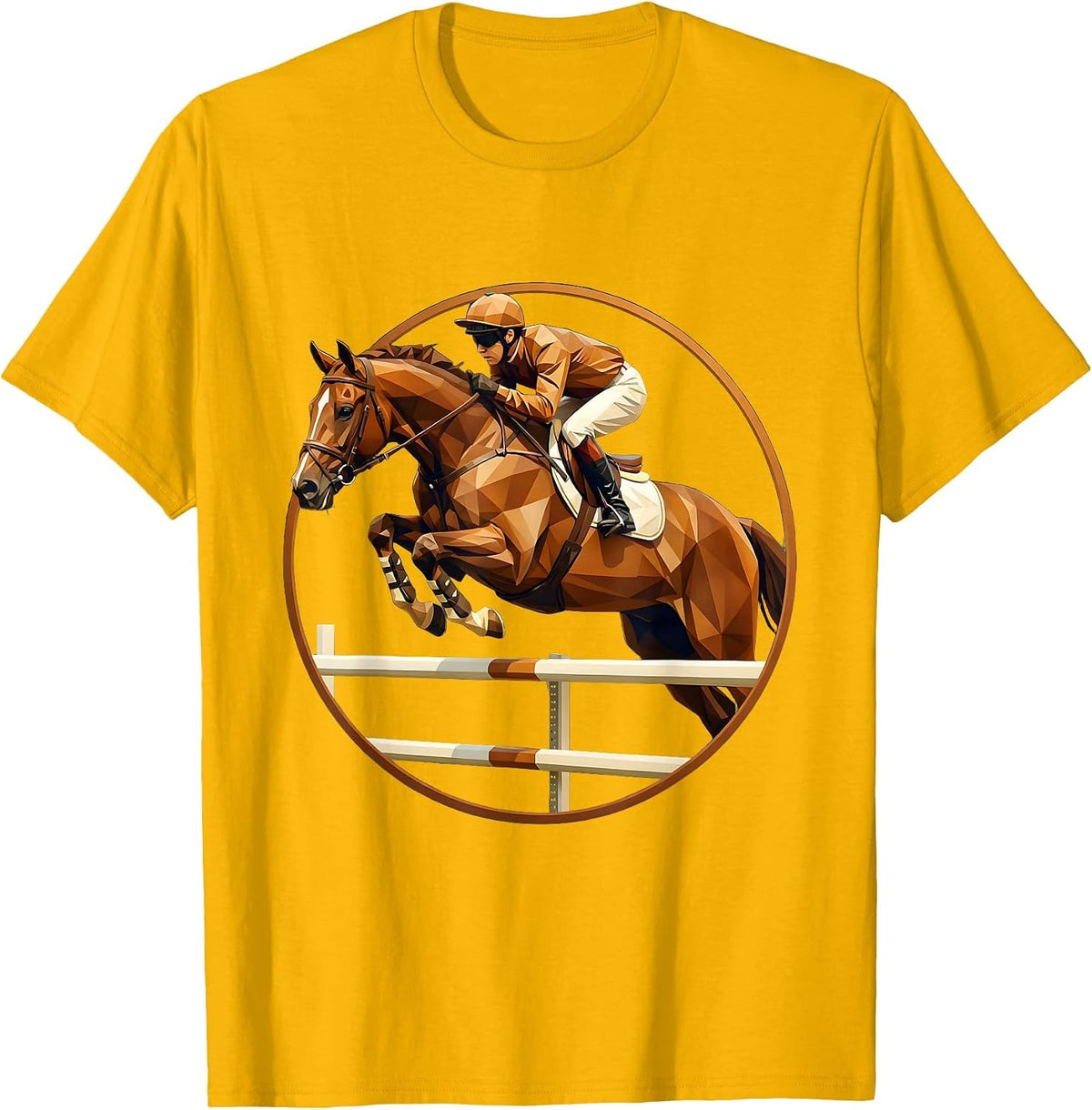 Jockey and Horse Mid-Jump Over Fence Graphic T-Shirt - Golden Yellow